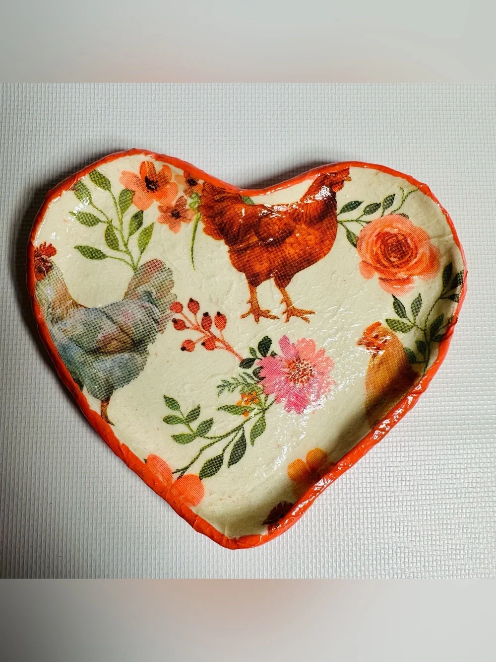 Heart Shaped Clay Trinket with Chicken Floral Design